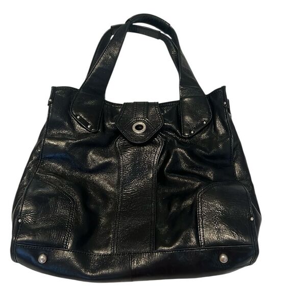 Perlina large black leather handbag 3 inside 1 outside zip pockets EUC - Picture 1 of 17